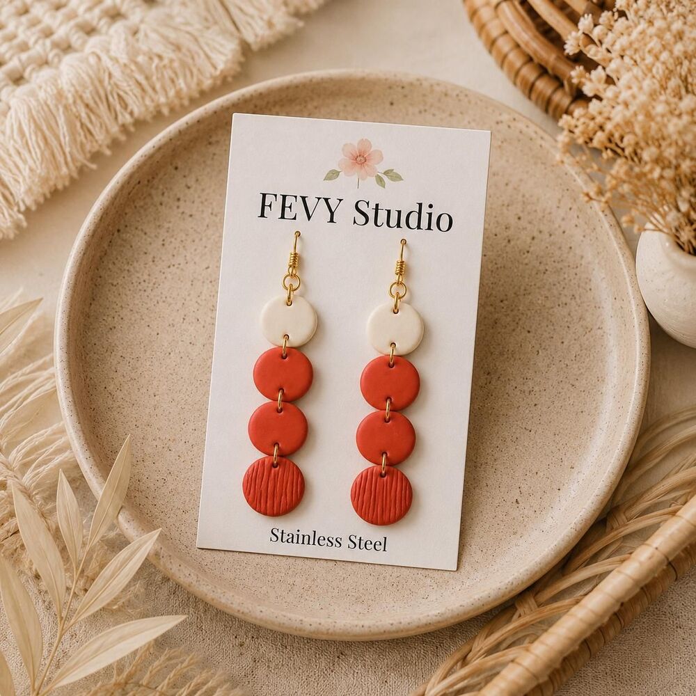 Handmade Red Polymer Clay Earrings | Boho Dangle Earrings | Lightweight Gift